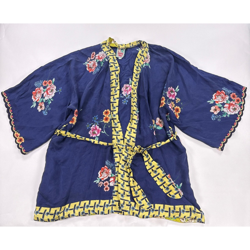 Johnny Was Silk Kimono Robe M Navy Blue Floral Belted Jacket Wrap Cardigan